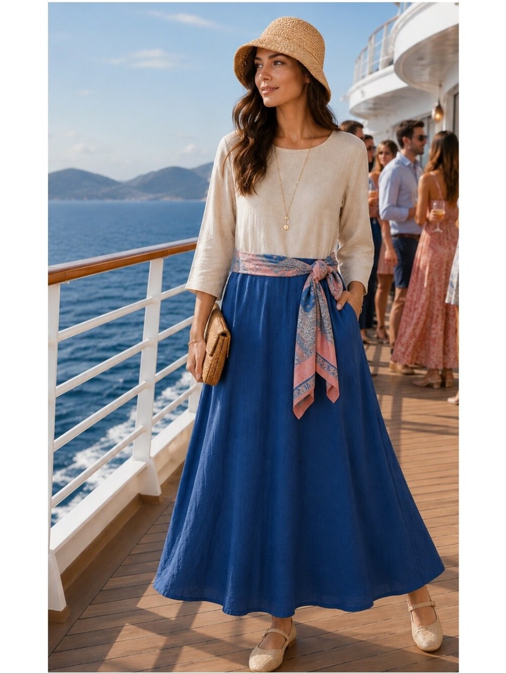 Love In Medium Colorblock Cream Blue Maxi Dress Linen Blend Coastal Minimalist